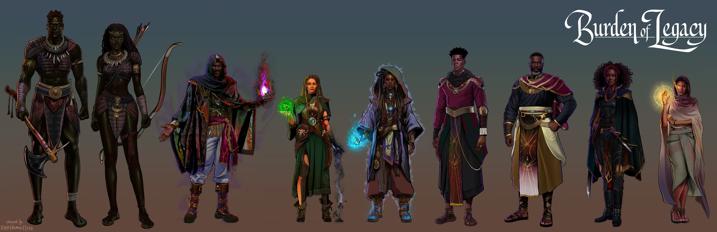 Illustrated cast of characters from The Burden of Legacy