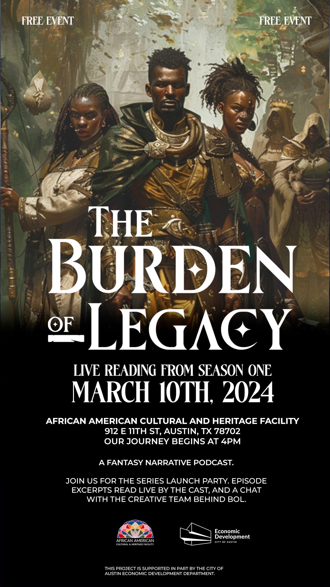 The Burden of Legacy key art, three heroes standing in a forest