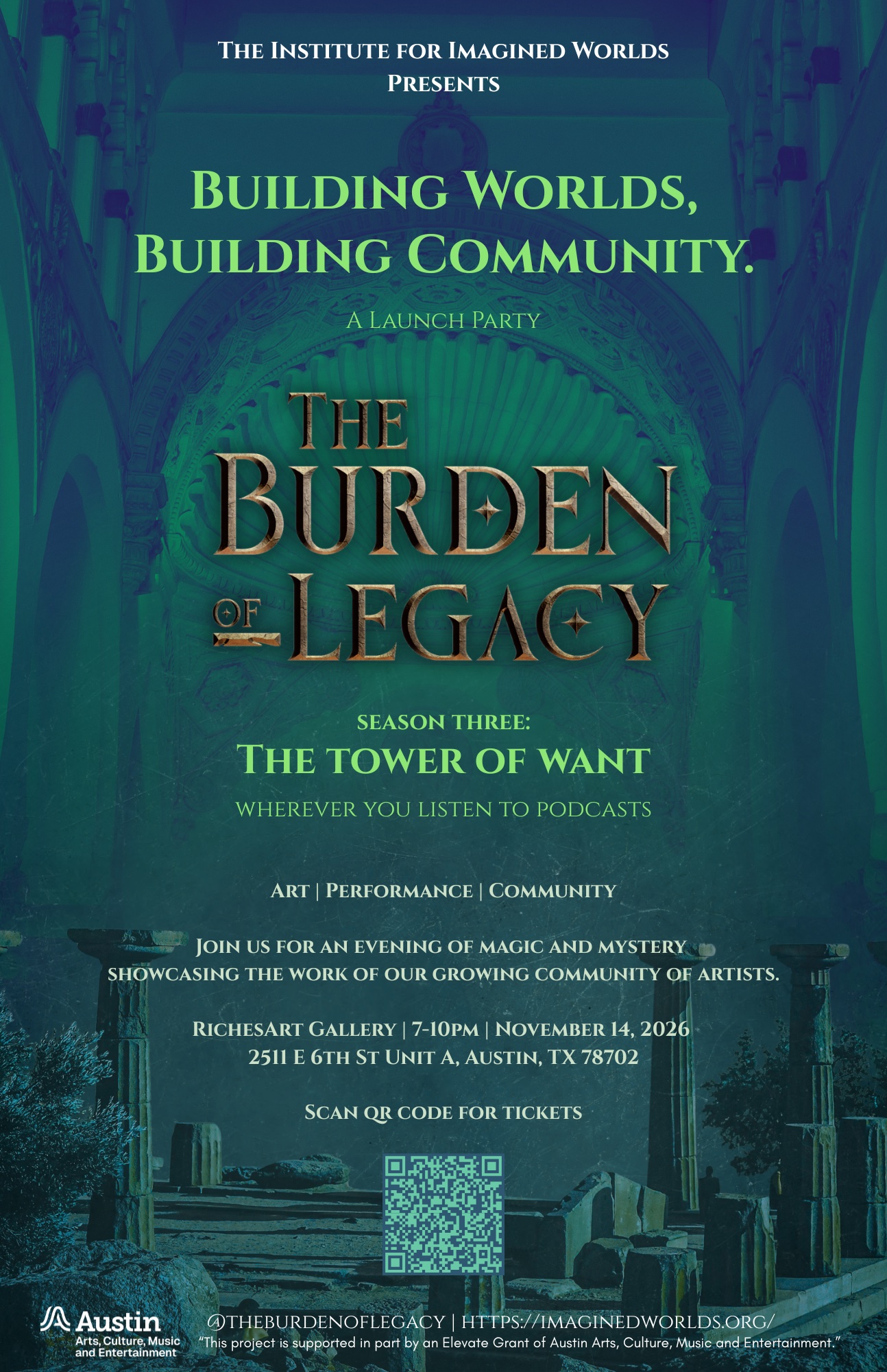 Poster for Building Worlds, Building Community, a launch party for Season Three, November 14th