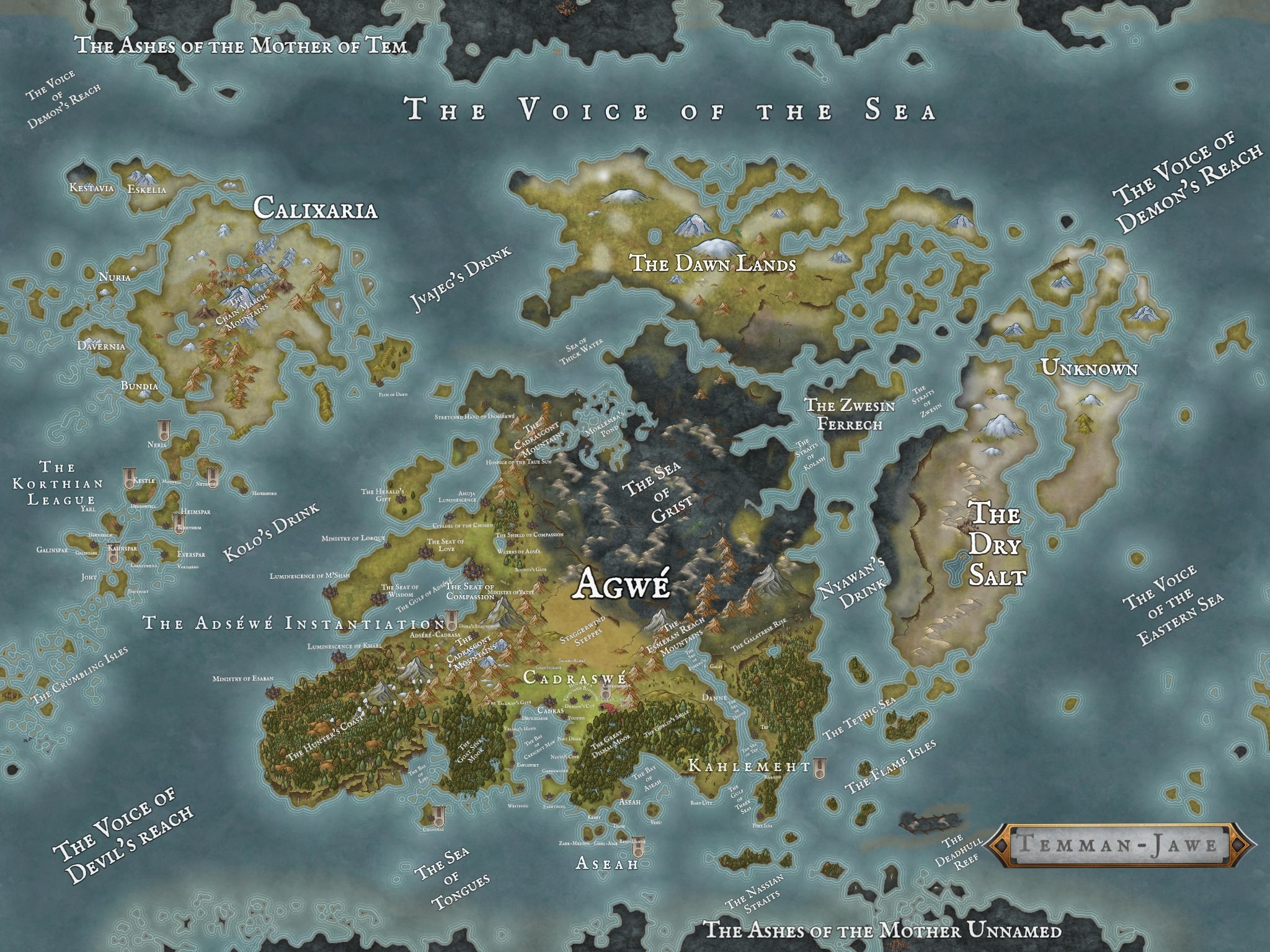 Map of the world of Temman-Jâwé and the continent of Agwé